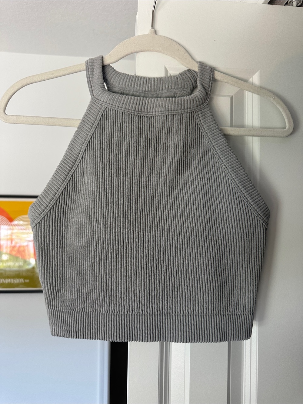 Aerie Grey Ribbed Halter Crop Tank